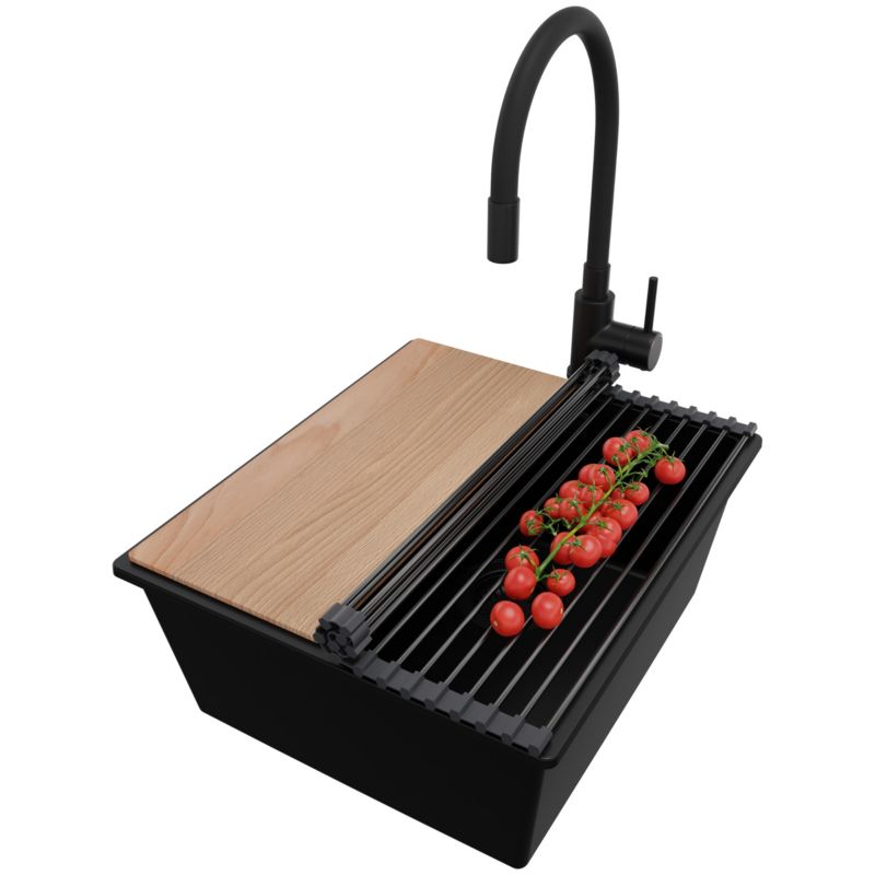 Zlewozmywak Granitowy Londyn Slim PRIMAGRAN Nablatowy 41x47cm do szafki od 45cm z Syfonem i Baterią i Dodatkiem Cały Czarny 1 szt.