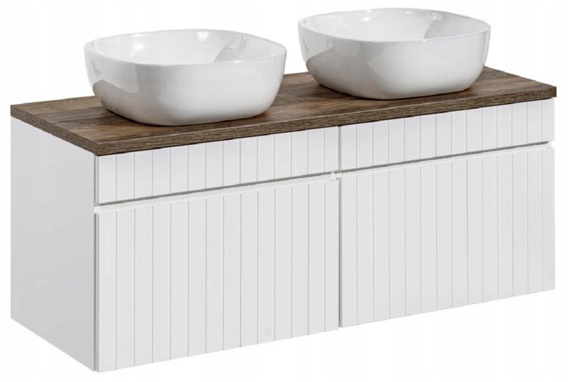 Szafka łazienkowa Furnidea 120 cm biała ryflowana z blatem dąb i umywalkami Iconic White 1 szt.