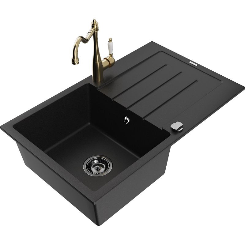 Zlewozmywak granitowy 1-komorowy Mexen Bruno z ociekaczem i baterią kuchenną Carla czarny 6513-77-670700-50-B