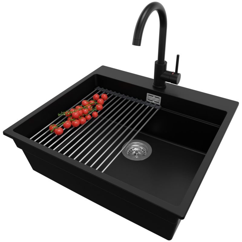 Zlewozmywak Granitowy Oslo Max PRIMAGRAN Nablatowy 58x53cm do szafki od 60cm, Czarny + Bateria + Syfon + Akcesorium, S161, 1 szt.