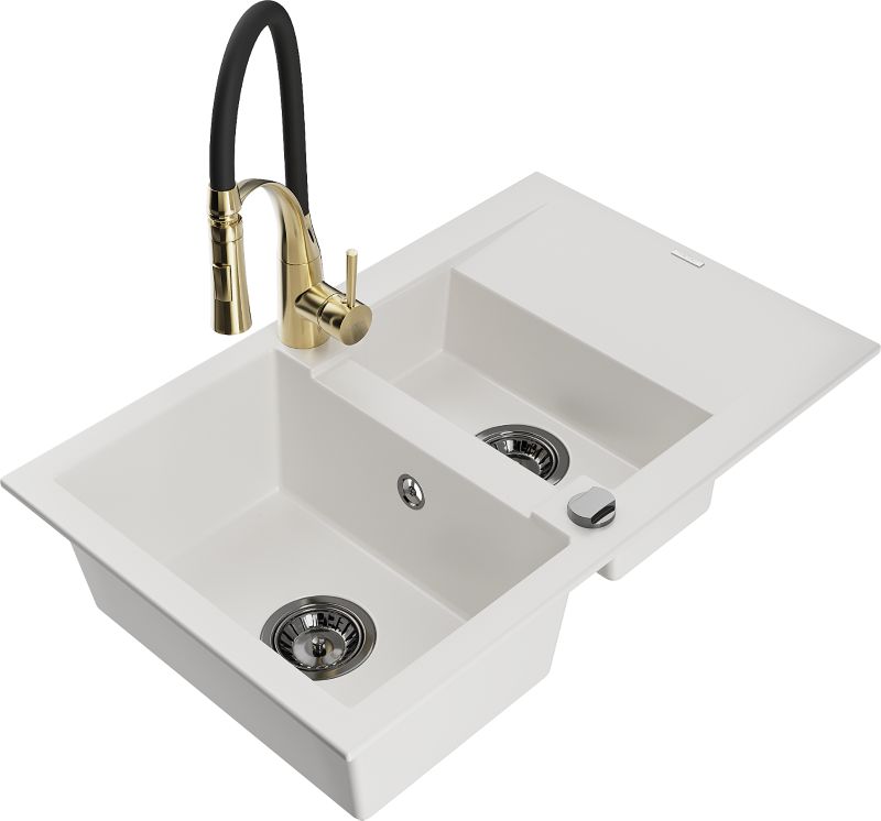 Zlewozmywak granitowy Mexen Gaspar 1,5-komorowy z ociekaczem i baterią kuchenną Aster biały 6507-20-73450-57-B