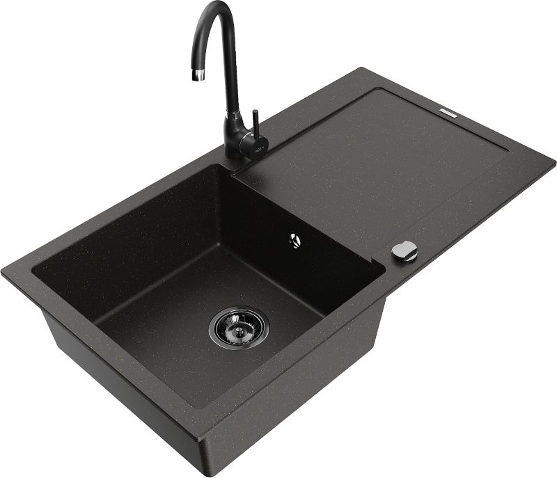 Zlewozmywak granitowy Mexen Leo 1-komorowy z ociekaczem i baterią kuchenną Telma czarny/złoty 6501-75-670200-70-B