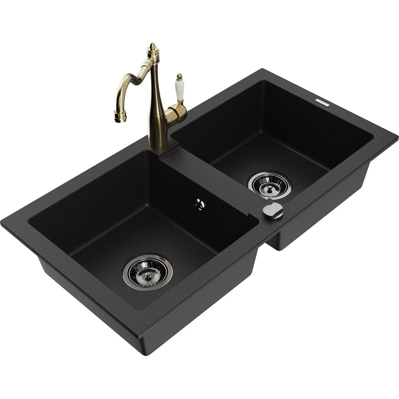 Zlewozmywak granitowy 2-komorowy Mexen Mario z baterią kuchenną Carla czarny - 6504-77-670700-70-B 1 szt.