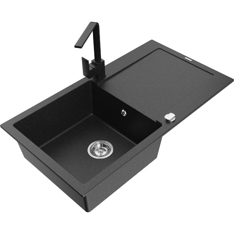 Zlewozmywak granitowy 1-komorowy Mexen Leo z ociekaczem i baterią kuchenną Rita czarny/srebrny metalik - 6501-73-670300-50 1 szt.