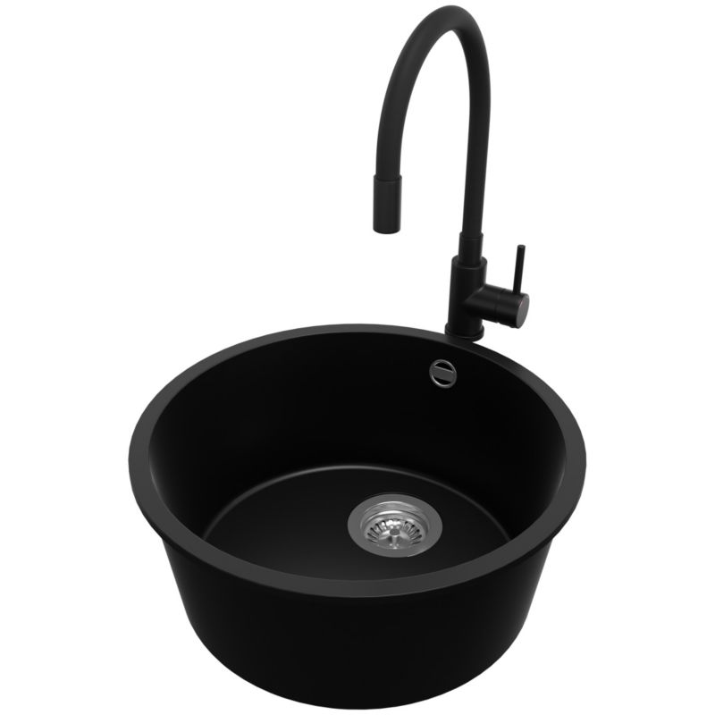 Zlewozmywak podblatowy Valetta PRIMAGRAN 46x46cm do szafki od 50cm, Czarny + Bateria 40x38cm + Syfon, S027, 1 szt.