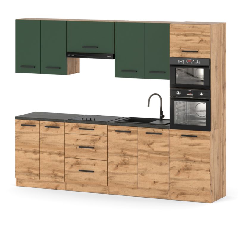 Zestaw Kuchenny Hurtownia-Mebli Z Blatem Kuchnia Marra 260cm Dąb Wotan Butelkowa Zieleń/Dąb Wotan 260x47x217 cm 1szt.