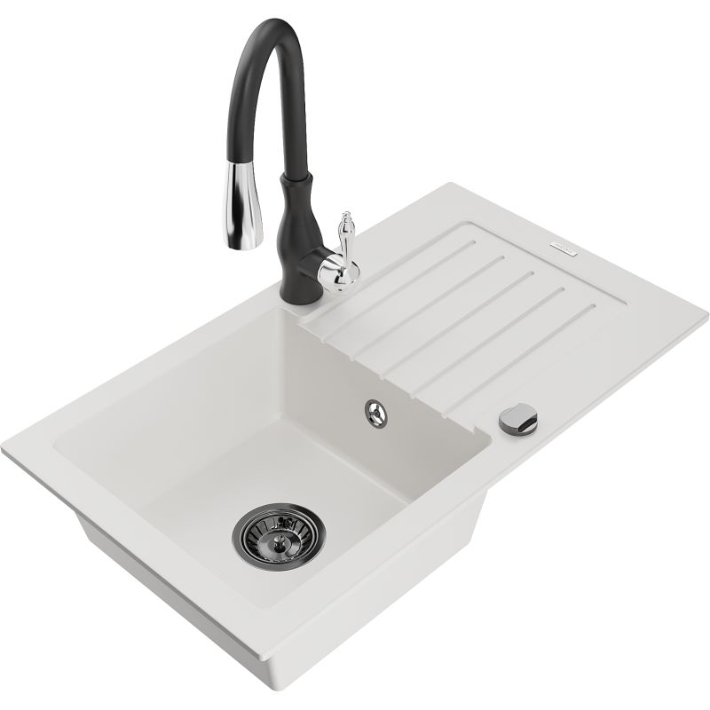 Zlewozmywak granitowy 1-komorowy Mexen Pablo z ociekaczem i baterią kuchenną Savita czarny - 6510-77-672601-00 1 szt.