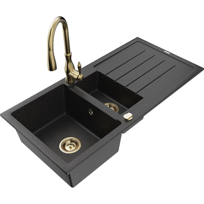 Zlewozmywak granitowy 1.5-komorowy Mexen Andres z ociekaczem i baterią kuchenną Savita czarny/srebrny 6515-73-672601-50