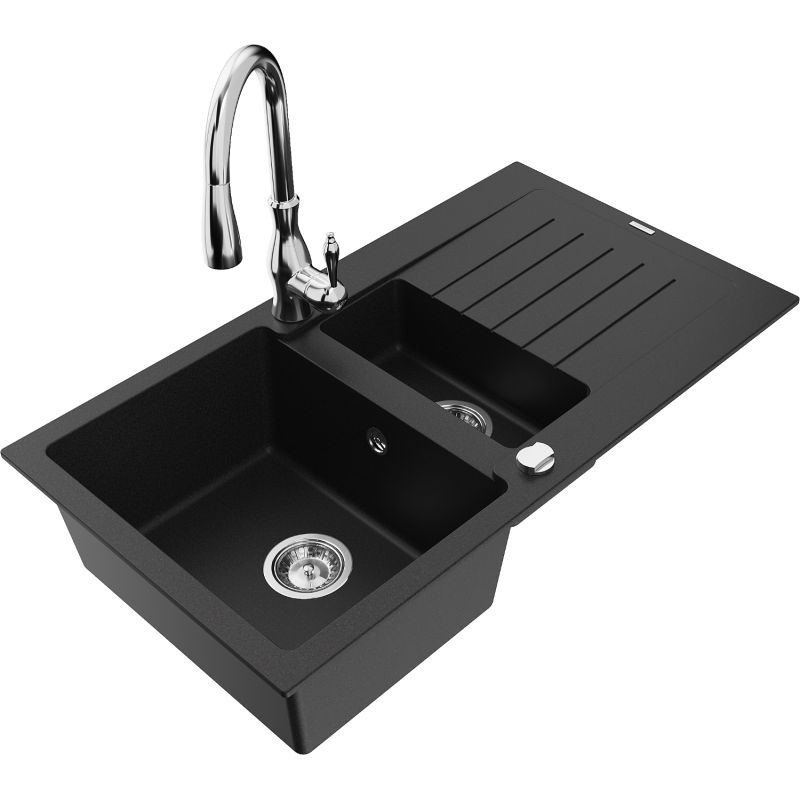 Zlewozmywak granitowy 1.5-komorowy Mexen Matias z ociekaczem i baterią kuchenną Savita czarny/srebrny - 6502-73-672601-00 1 szt.