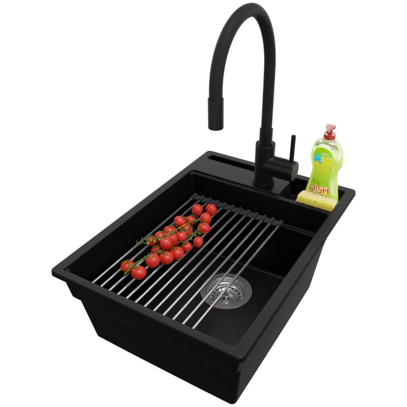 Zlewozmywak Granitowy Oslo Pocket PRIMAGRAN Nablatowy 38x53cm do szafki od 40cm z Syfonem i Baterią i Dodatkiem Czarny 1 szt.