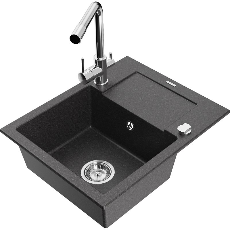 Zlewozmywak granitowy 1-komorowy Mexen Enzo z ociekaczem i baterią kuchenną Duero czarny nakrapiany 6506-76-671600-00