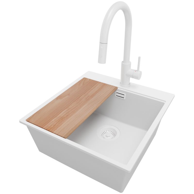 Zlewozmywak Granitowy Oslo PRIMAGRAN Nablatowy 48x50cm do szafki od 50cm, Cały Biały + Bateria + Syfon + Deska, S314, 1 szt.