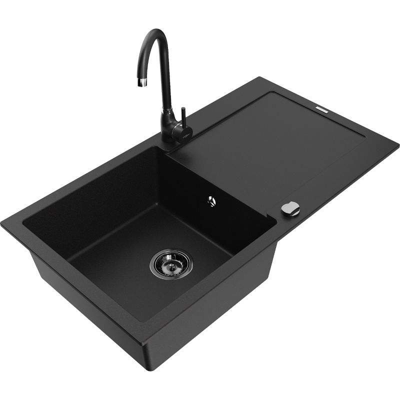 Zlewozmywak granitowy 1-komorowy Mexen Leo z ociekaczem i baterią kuchenną Telma czarny 6501-77-670200-70-B