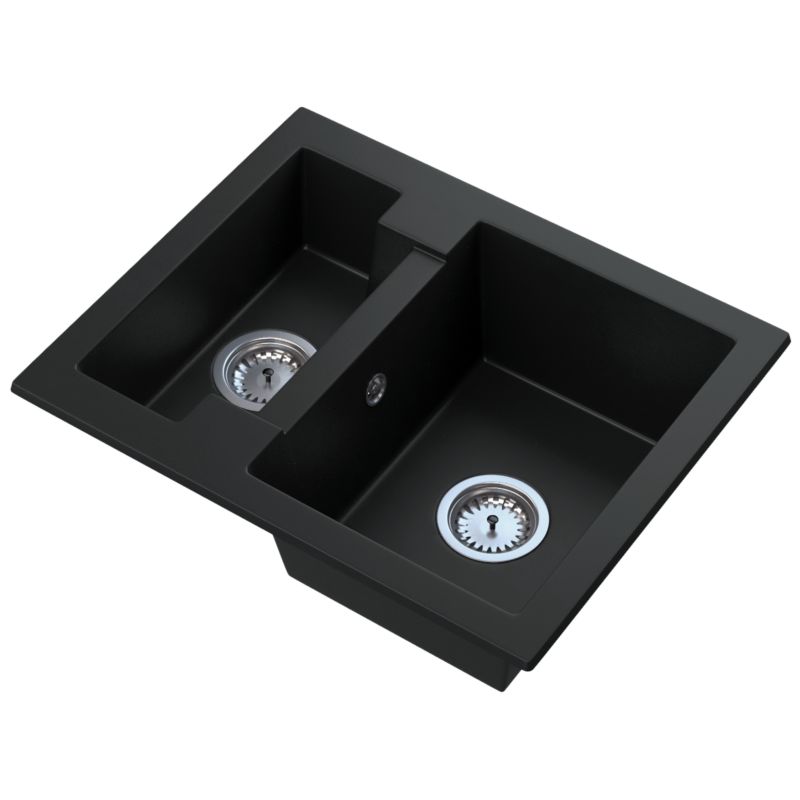 Zlewozmywak Granitowy Granitan JORG Czarny Półtorakomorowy Do Kuchni Zestaw Zlew Syfon 1 kpl.