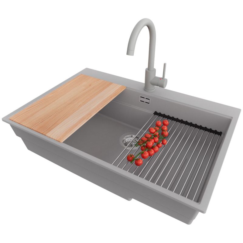 Zlewozmywak Granitowy Oslo Max PRIMAGRAN Nablatowy 78x53cm do szafki od 80cm, Szary + Bateria + Syfon + Akcesoria, S103, 1 szt.