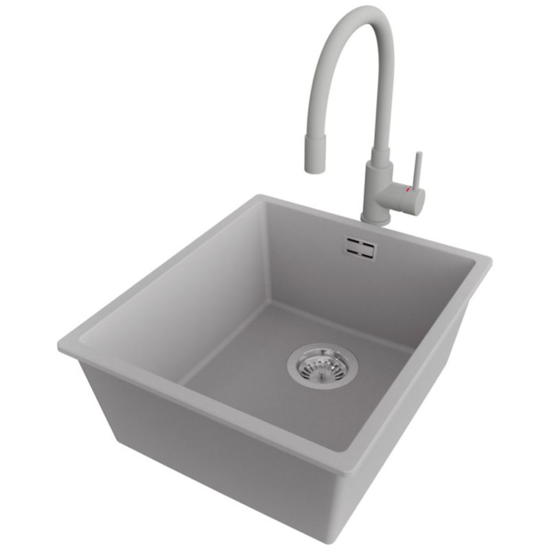 Zlewozmywak podblatowy Londyn PRIMAGRAN 41x47cm do szafki od 45cm, Szary + Bateria 38x14cm + Syfon, S147, 1 szt.