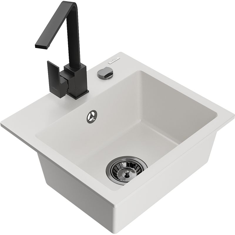 Zlewozmywak granitowy 1-komorowy Mexen Milo z baterią kuchenną Rita biały - 6505-20-670300-50 1 szt.