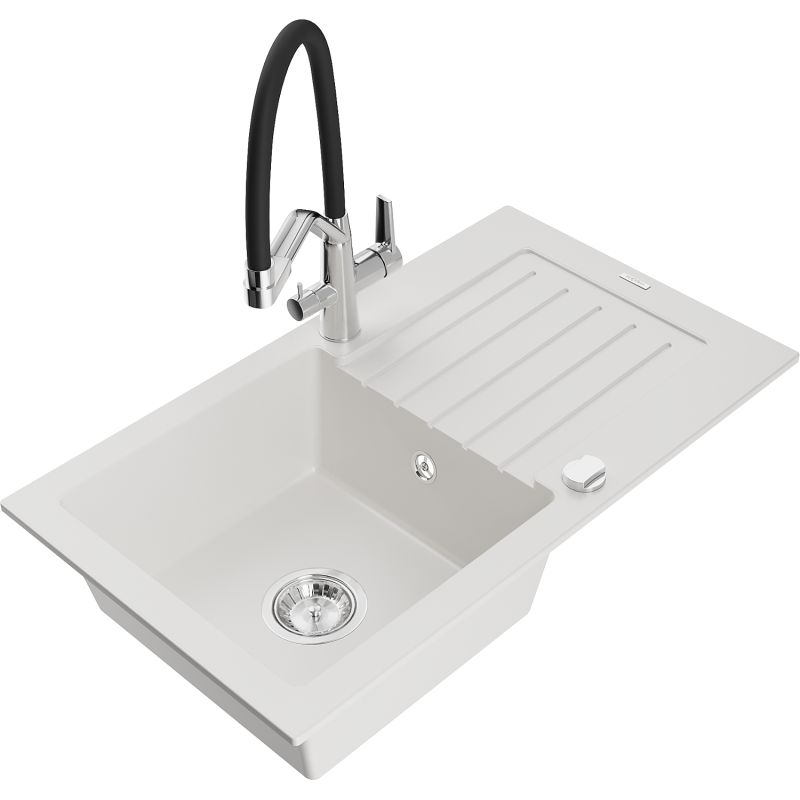 Zlewozmywak granitowy 1-komorowy Mexen Pablo z ociekaczem i baterią kuchenną Duo biały 6510-20-671701-07