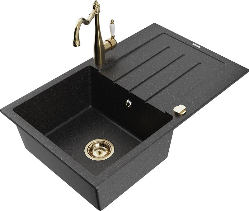 Zlewozmywak granitowy Mexen Bruno 1-komorowy z ociekaczem i baterią kuchenną Carla czarny/srebrny 6513-73-670700-50