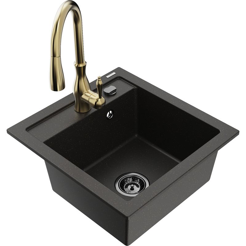 Zlewozmywak granitowy 1-komorowy Mexen Vito z baterią kuchenną Savita czarny/złoty metalik 6503-75-672601-50-B