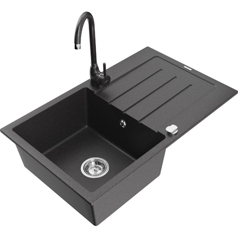 Zlewozmywak granitowy 1-komorowy Mexen Bruno z ociekaczem i baterią kuchenną Telma czarny/złoty - 6513-75-670200-70 1 szt.