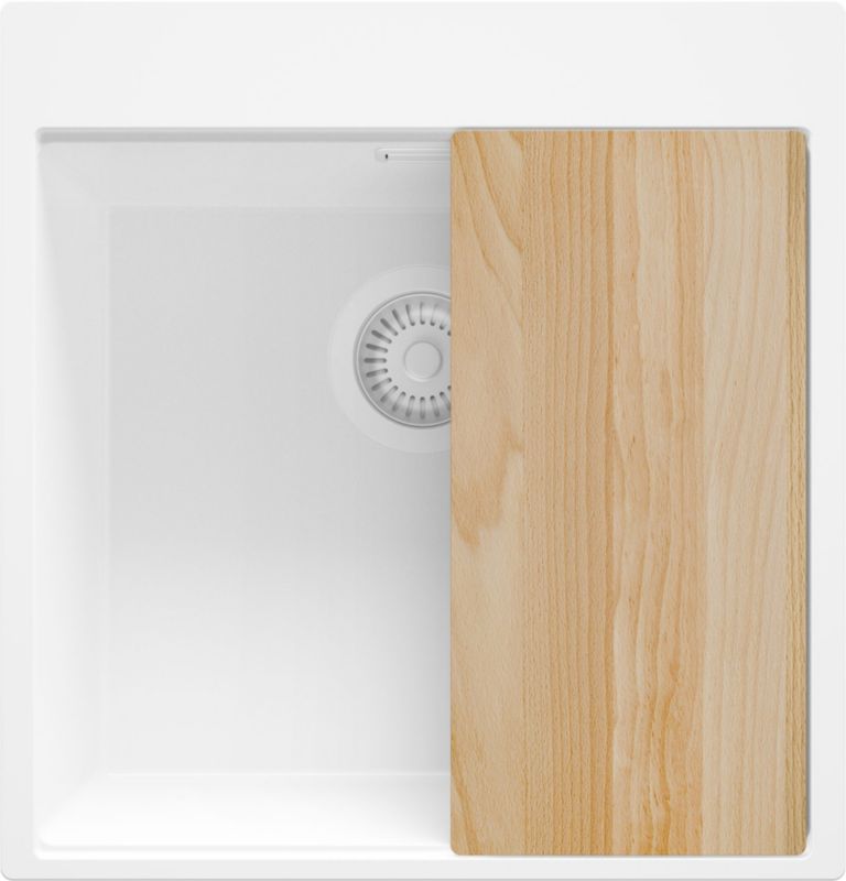 Zlewozmywak Oslo PRIMAGRAN Nablatowy 48x50cm do szafki od 50cm, Cały Biały + Syfon + Deska, S300, 1 szt.