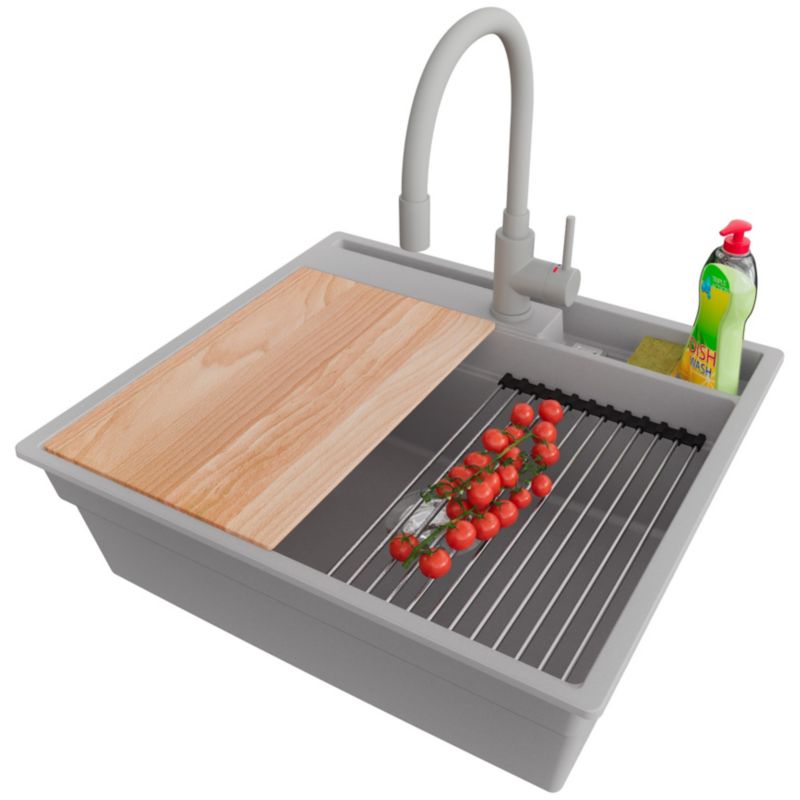 Zlewozmywak Granitowy Oslo Pocket PRIMAGRAN Nablatowy 58x53cm, Szary + Bateria + Syfon + Akcesorium, S291, 1 szt.