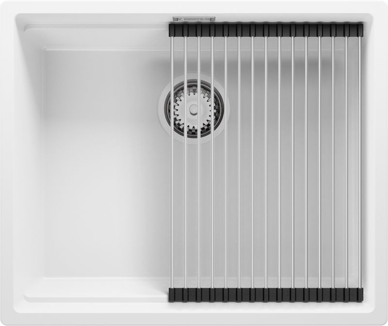 Zlewozmywak Praga Slim PRIMAGRAN Nablatowy 56x47cm do szafki od 60cm, Biały + Syfon + Zwijany ociekacz, S280, 1 szt.