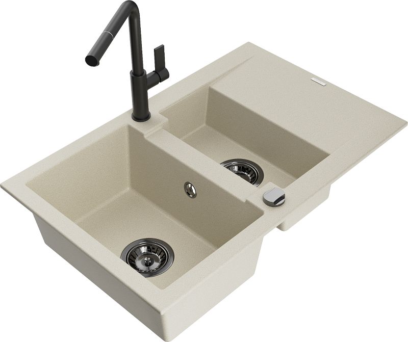 Zlewozmywak granitowy Mexen Gaspar 1,5-komorowy z ociekaczem i baterią kuchenną Flora biały - 6507-20-670401-70-B 1 szt.