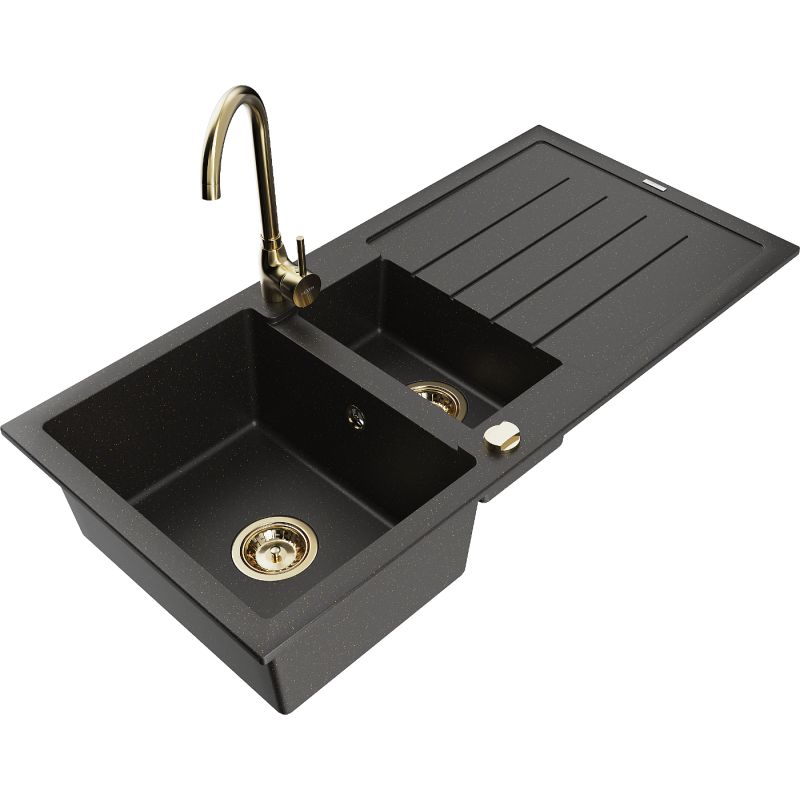 Zlewozmywak granitowy 1.5-komorowy Mexen Andres z ociekaczem i baterią kuchenną Telma czarny/złoty 6515-75-670200-50