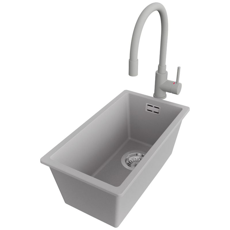 Zlewozmywak podblatowy Londyn PRIMAGRAN 26x47cm do szafki od 30cm, Szary + Bateria 38x14cm + Syfon, S025, 1 szt.