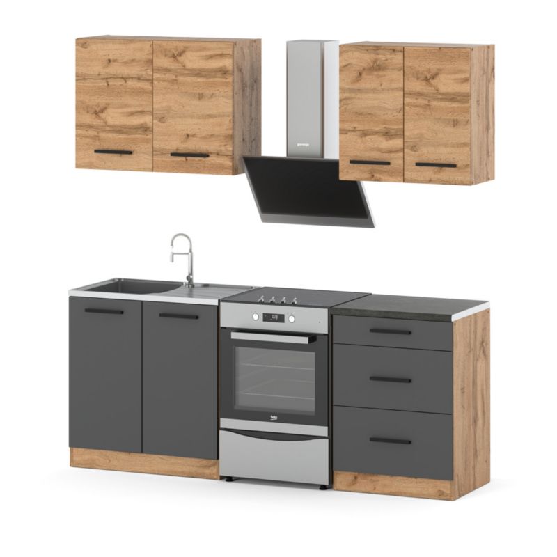 Zestaw Kuchenny Hurtownia-Mebli Z Blatem Kuchnia Mini Mokka 200cm Dąb Wotan Dąb Wotan/Szary Mat 200x47x145 cm 1szt.