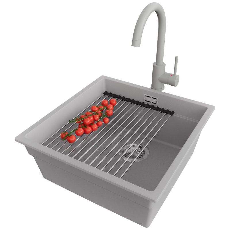 Zlewozmywak podblatowy Praga PRIMAGRAN 46x47cm do szafki od 50cm, Szary + Bateria + Syfon + Zwijany ociekacz, S200, 1 szt.