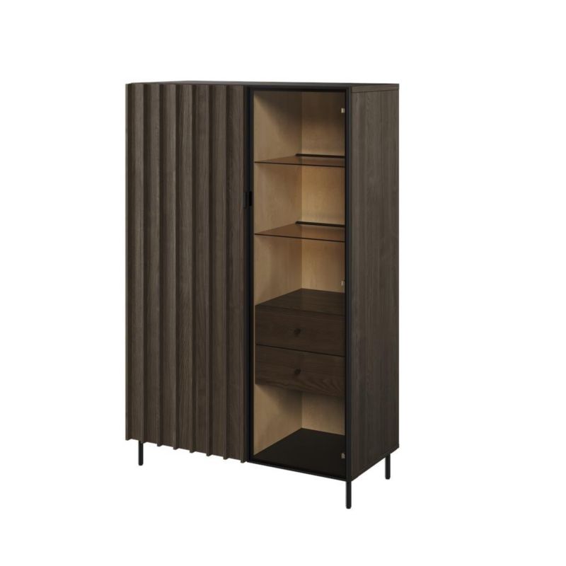 Witryna dwudrzwiowa Bettso Piemonte niska przeszklona z szufladami i oświetleniem LED jesion portland czarny 1szt.