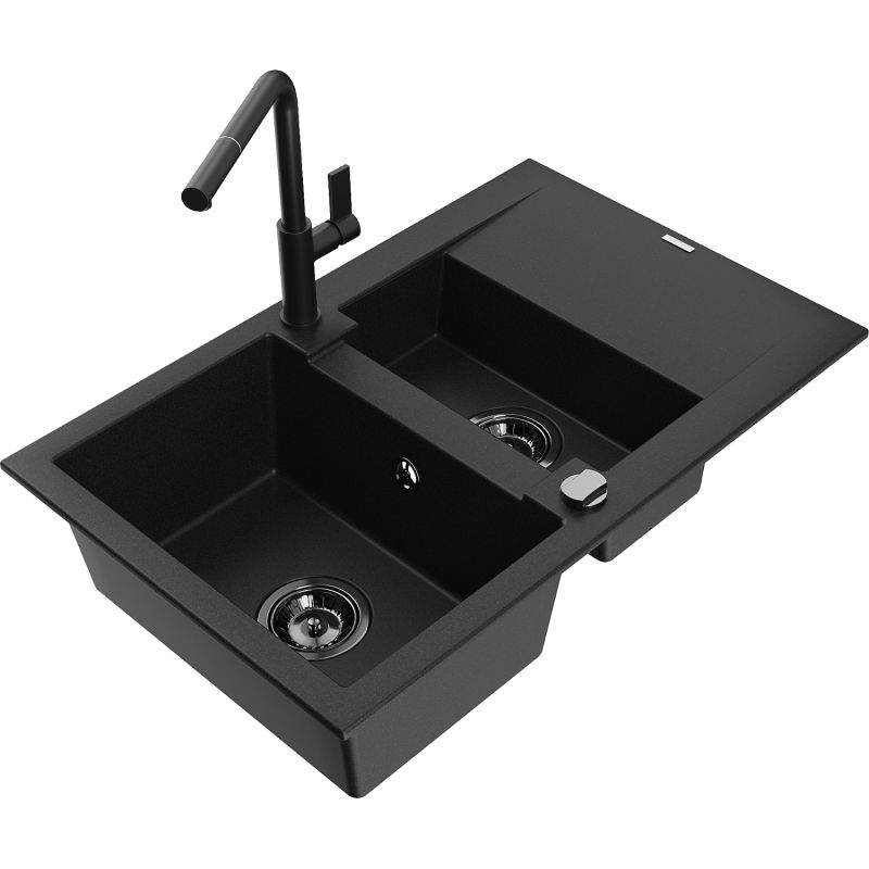 Zlewozmywak granitowy 1.5-komorowy Mexen Gaspar z ociekaczem i baterią Flora czarny nakrapiany - 6507-76-670401-75-G 1 szt.