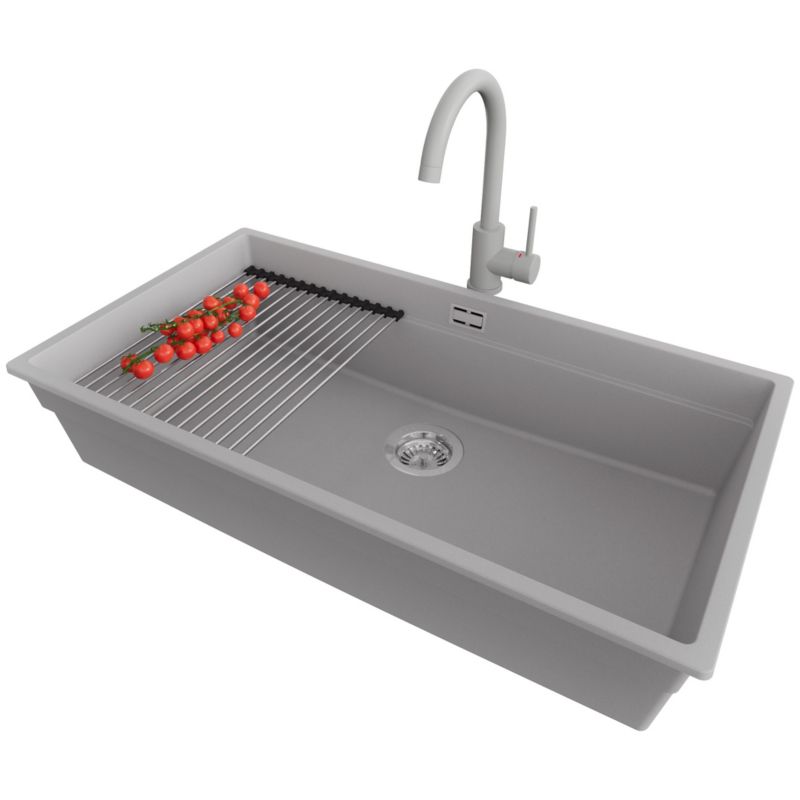 Zlewozmywak podblatowy Praga PRIMAGRAN 86x47cm do szafki od 90cm, Szary + Bateria + Syfon + Zwijany ociekacz, S680, 1 szt.