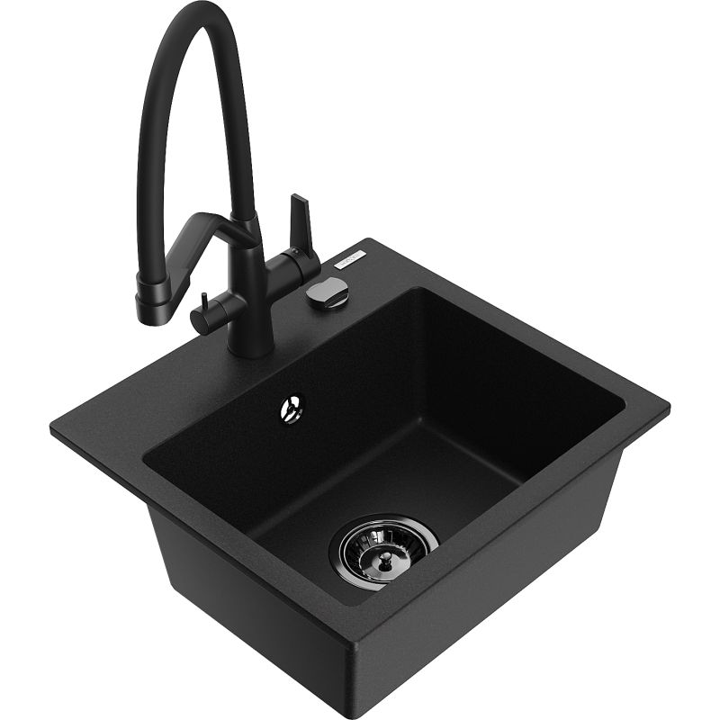 Zlewozmywak granitowy 1-komorowy Mexen Milo z baterią kuchenną Duo czarny - 6505-77-671701-07-B 1 szt.
