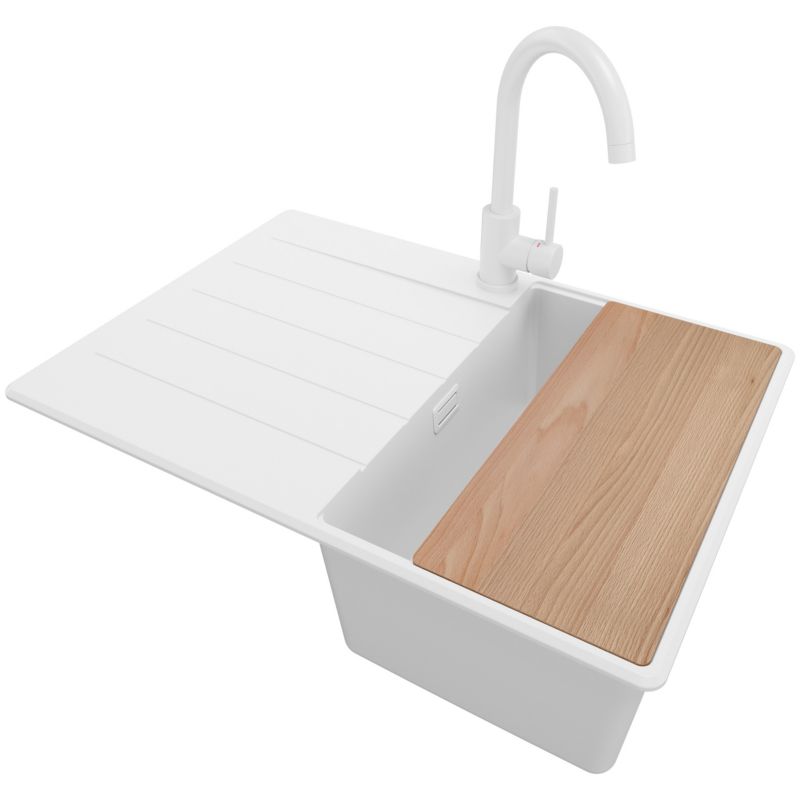 Zlewozmywak Granitowy Kopenhaga PRIMAGRAN Nablatowy 70x50cm do szafki od 40cm, Cały Biały + Bateria + Syfon + Deska, S164, 1 szt.