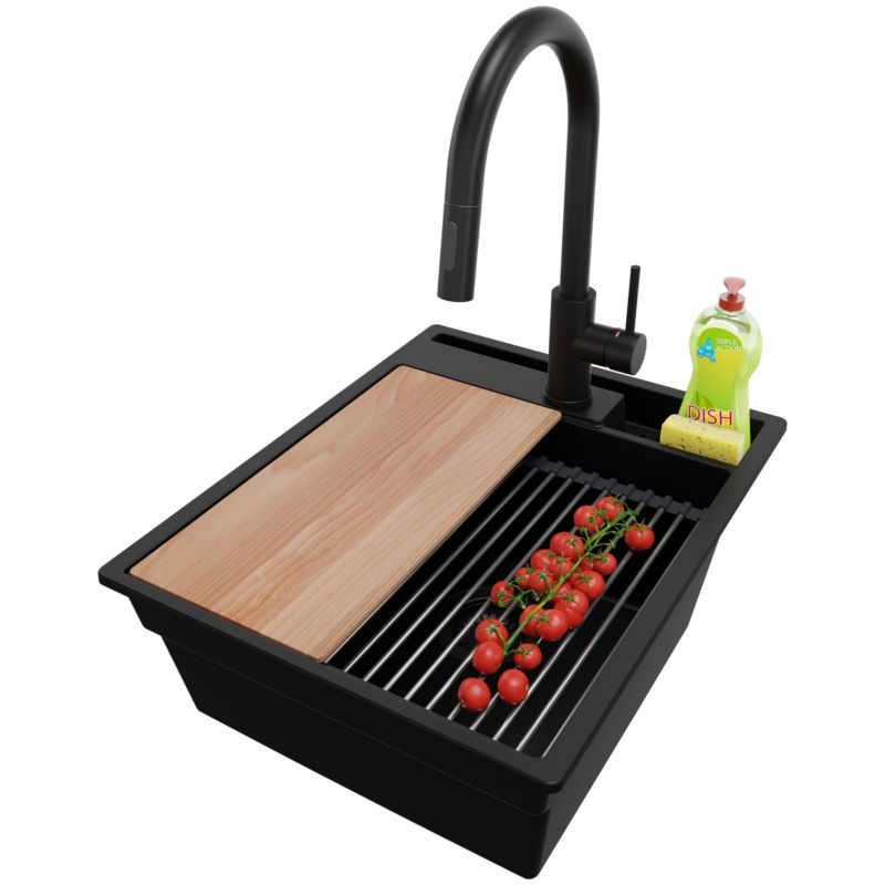 Zlewozmywak Granitowy Oslo Pocket PRIMAGRAN Nablatowy 43x53cm do szafki od 45cm z Syfonem i Baterią i Dodatkiem Cały Czarny 1 szt.