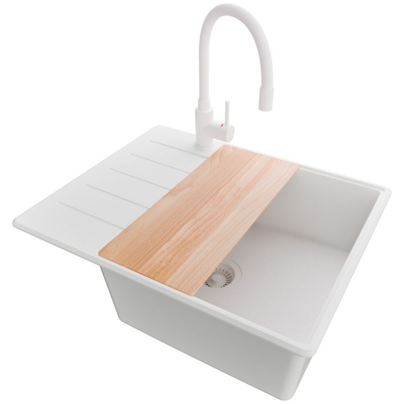 Zlewozmywak Granitowy Kopenhaga PRIMAGRAN Nablatowy 62x50cm do szafki od 50cm, Cały Biały + Bateria + Syfon + Deska, S462, 1 szt.