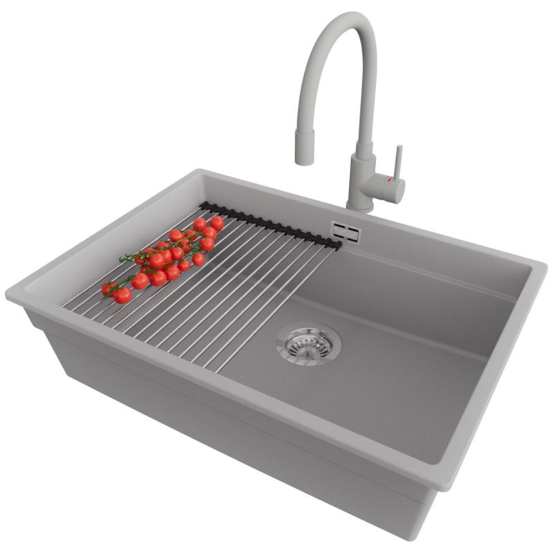 Zlewozmywak Granitowy Praga Slim PRIMAGRAN Nablatowy 66x47cm, Szary + Bateria + Syfon + Akcesorium, S455, 1 szt.