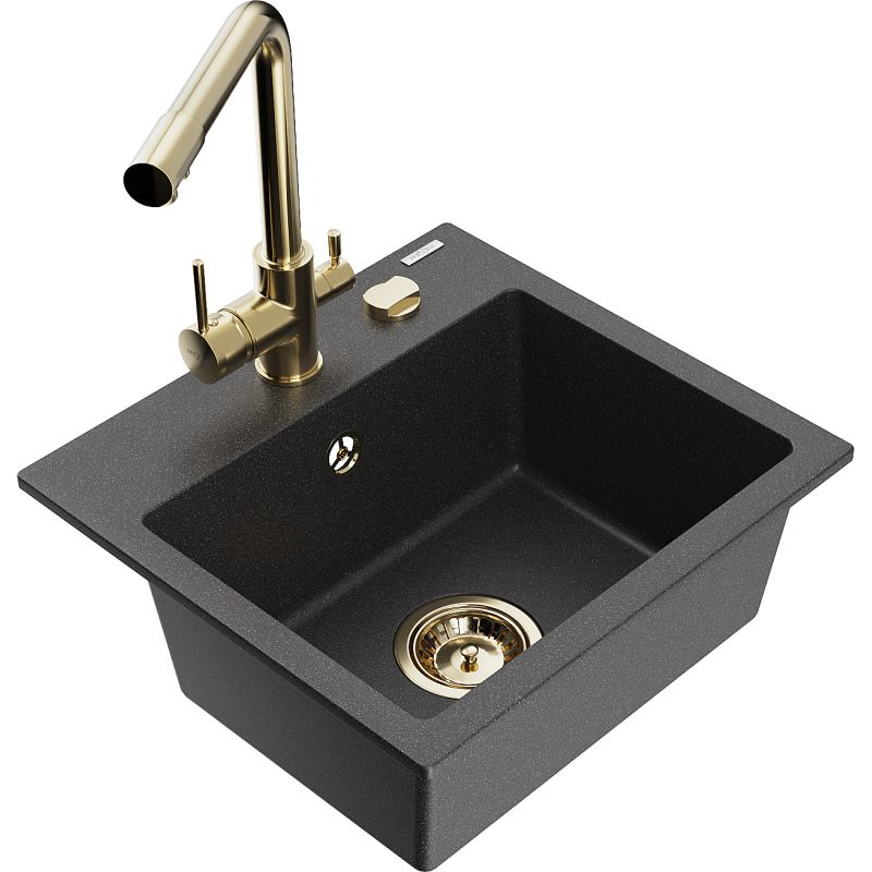 Zlewozmywak granitowy 1-komorowy Mexen Milo z baterią kuchenną Duero czarny nakrapiany 6505-76-671600-50