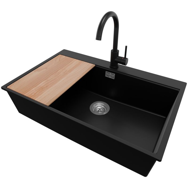 Zlewozmywak Granitowy Oslo PRIMAGRAN Nablatowy 78x50cm do szafki od 80cm, Czarny + Bateria 32x20cm + Syfon + Deska, S605, 1 szt.