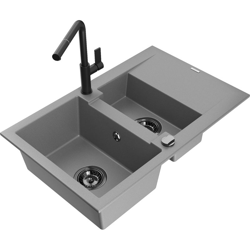 Zlewozmywak granitowy 1.5-komorowy Mexen Gaspar z ociekaczem i baterią kuchenną Rita czarny - 6507-77-670300-70-B 1 szt.