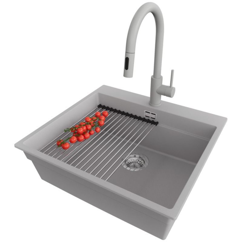 Zlewozmywak Granitowy Oslo Max PRIMAGRAN Nablatowy 58x53cm do szafki od 60cm, Szary + Bateria + Syfon + Akcesorium, S167, 1 szt.