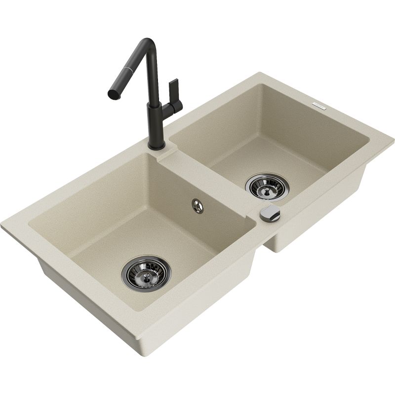 Zlewozmywak granitowy 2-komorowy Mexen Mario z baterią kuchenną Flora biały - 6504-20-670401-70-B 1 szt.