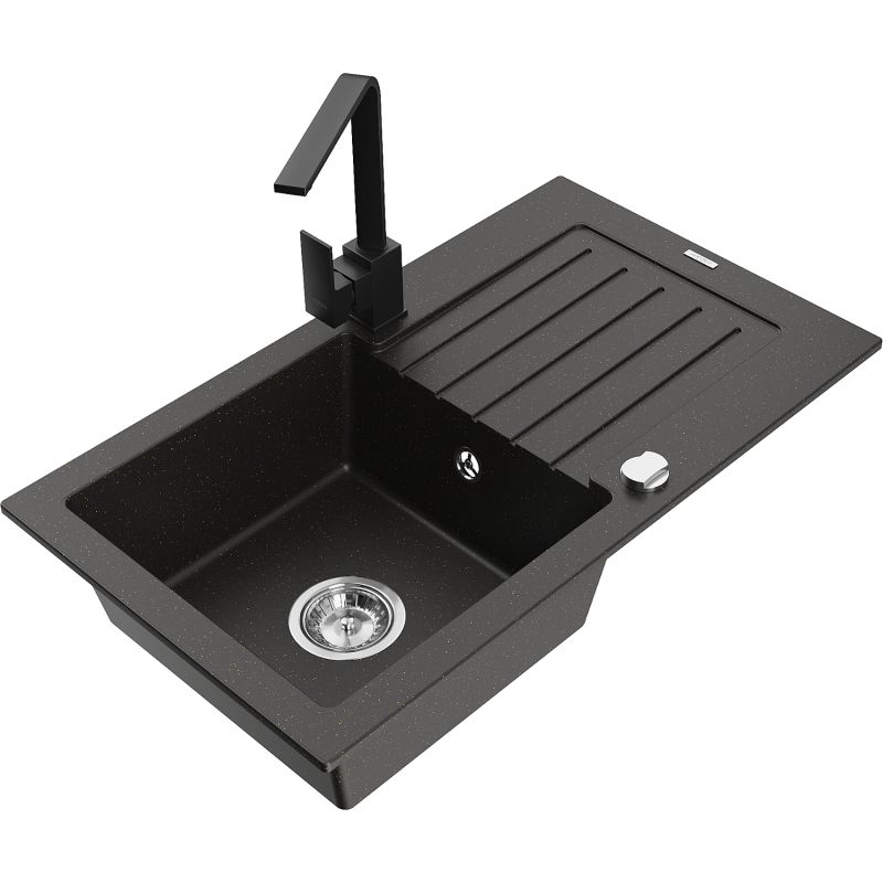 Zlewozmywak granitowy 1-komorowy Mexen Pablo z ociekaczem i baterią Rita czarny/złoty metalik - 6510-75-670300-70-B 1 szt.