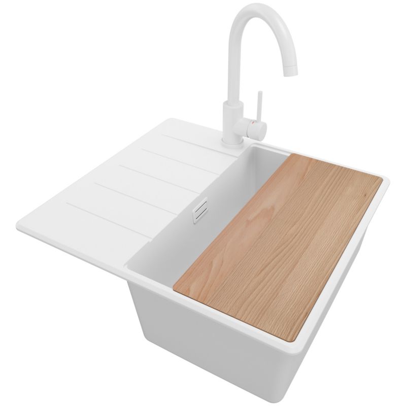 Zlewozmywak Granitowy Kopenhaga PRIMAGRAN Nablatowy 55x50cm do szafki od 40cm, Cały Biały + Bateria + Syfon + Deska, S070, 1 szt.