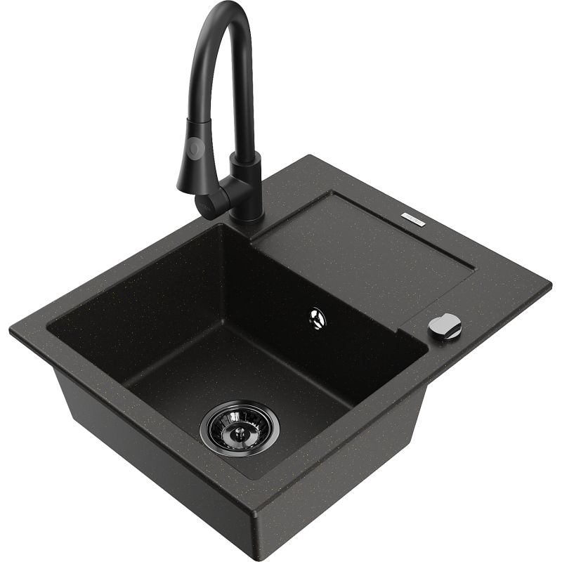 Zlewozmywak granitowy 1-komorowy Mexen Enzo z ociekaczem i baterią kuchenną Elia czarny/złoty metalik 6506-75-670101-70-B