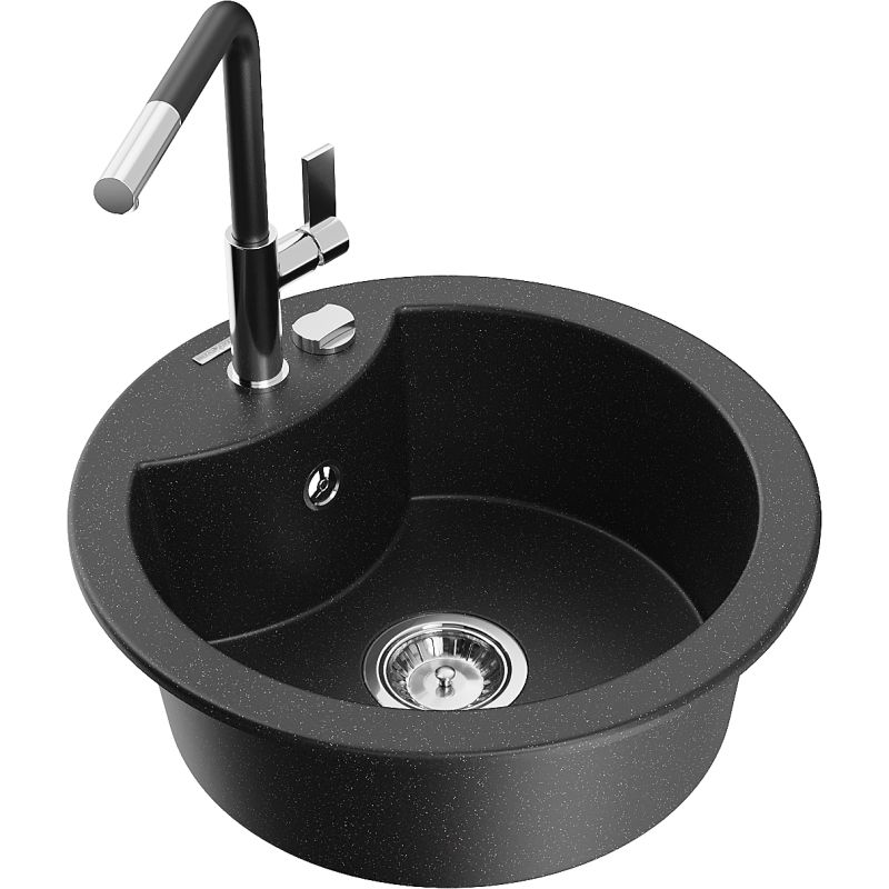 Zlewozmywak granitowy 1-komorowy Mexen Diego z baterią kuchenną Flora czarny/srebrny metalik 6512-73-670401-07